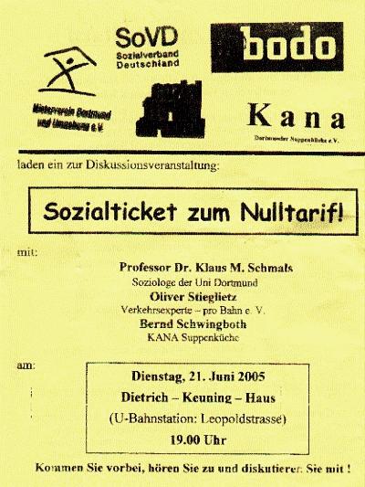 Flugblatt zur Veranstaltung "Sozialticket zum Nulltarif" am 21.06.05