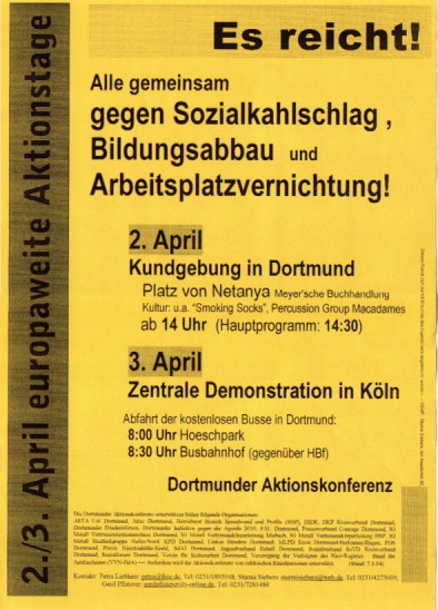 Plakat der Dortmunder Aktionskonferenz zu den europaweiten Aktionstagen am 2. und 3. April